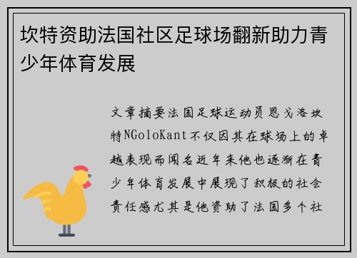 坎特资助法国社区足球场翻新助力青少年体育发展