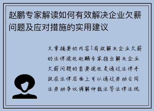 赵鹏专家解读如何有效解决企业欠薪问题及应对措施的实用建议